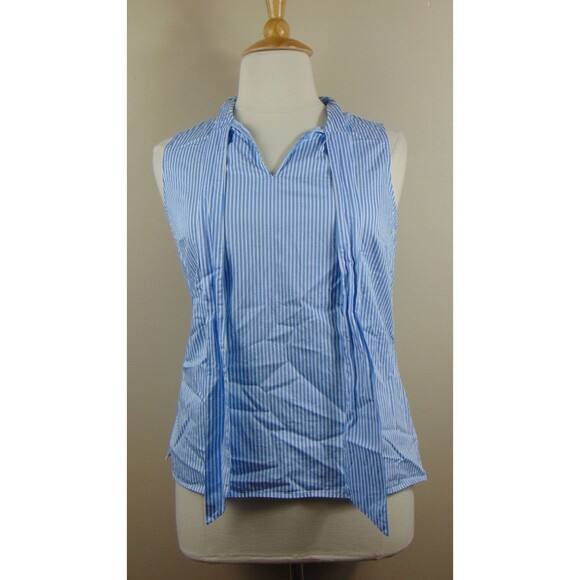 Talbots Sleeveless Tank Size 12 Blue / White Stripe Light Weight Neck Tie Cotton - Picture 5 of 8